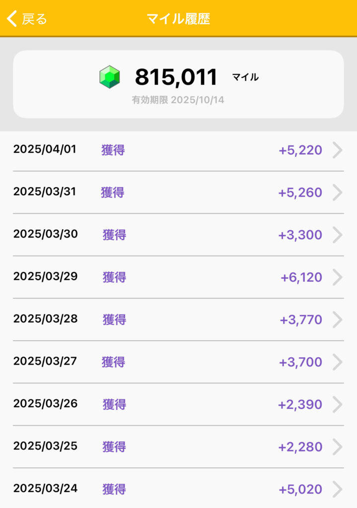トリマのマイル獲得履歴
