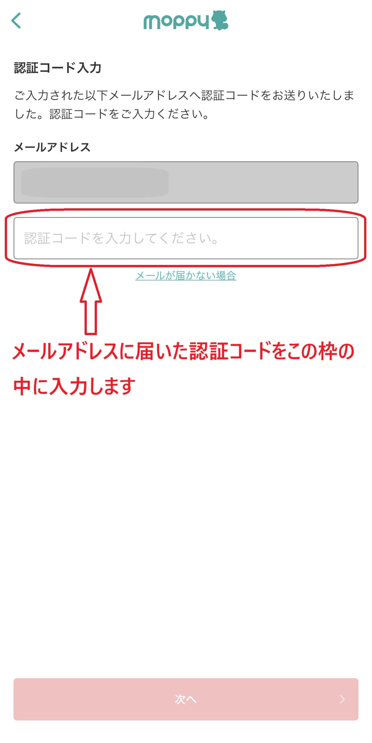 モッピー会員登録 認証コード入力画面