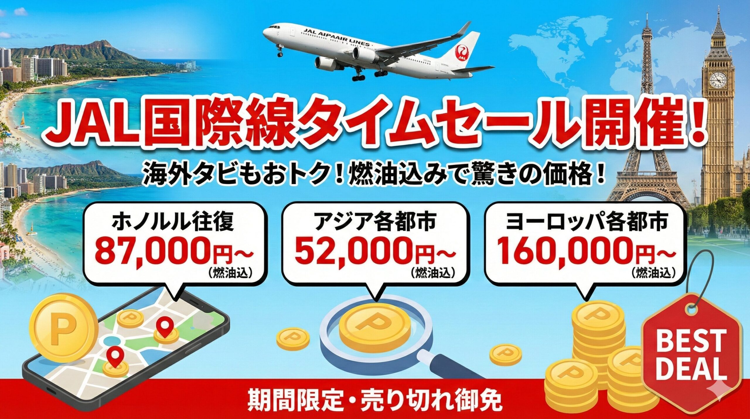 JAL国際線タイムセール開催中！ハワイ往復87,000円〜などお得な運賃・セール期間1月7日〜16日を告知するアイキャッチ画像