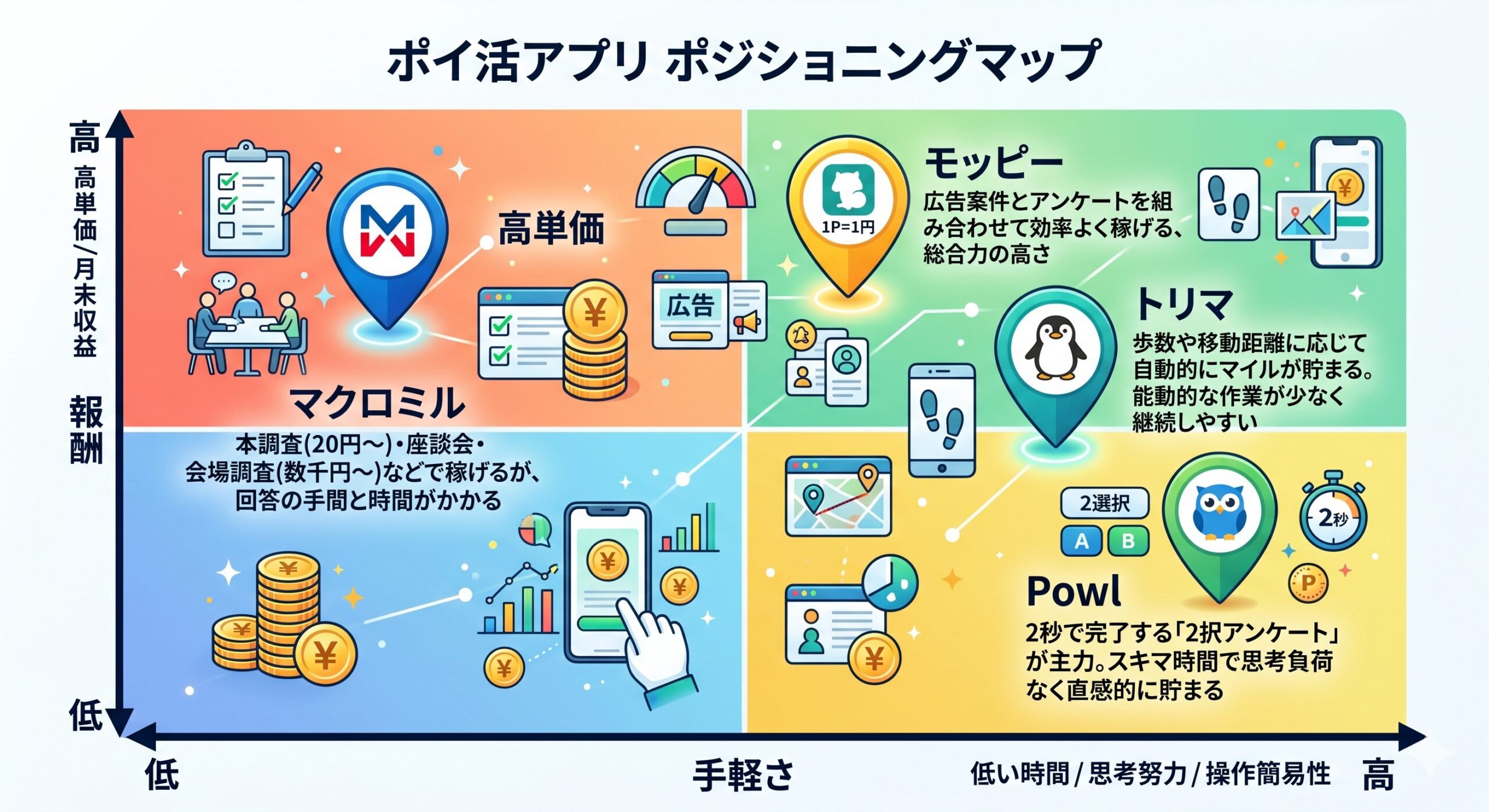 ポイ活アプリ ポジショニングマップ：報酬と手軽さの比較図